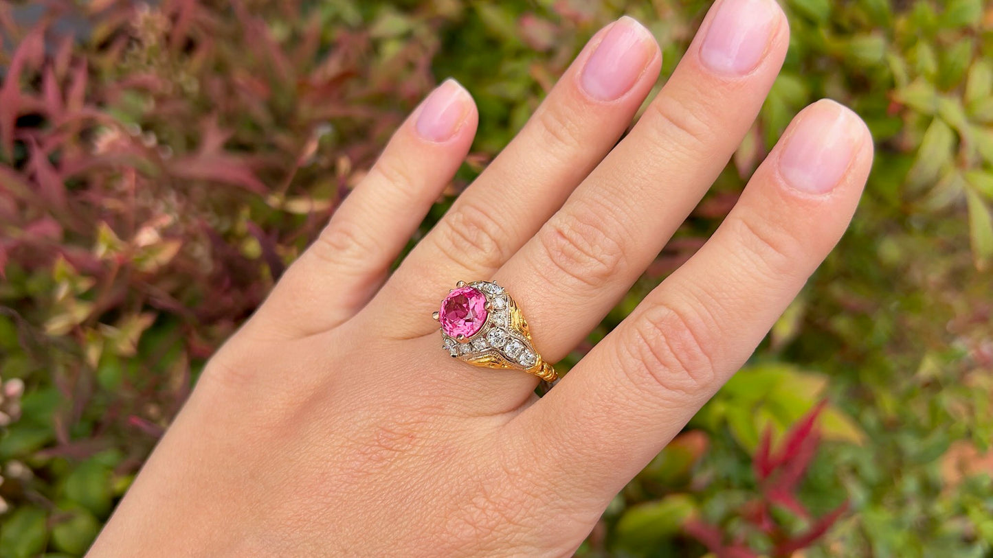 Fine 3 Carat Pink Sapphire Ring Set With Diamonds 14K Gold