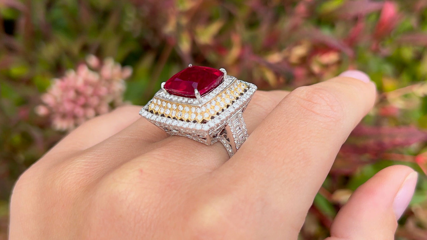 Fine Ruby Ring With Triple Diamond Halo 14 Carats Total 18K Gold