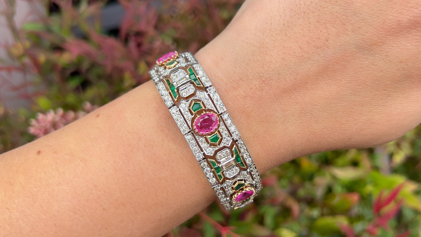 Art Deco Bracelet Set With Pink Sapphires Emeralds Diamonds 20 Carats Total