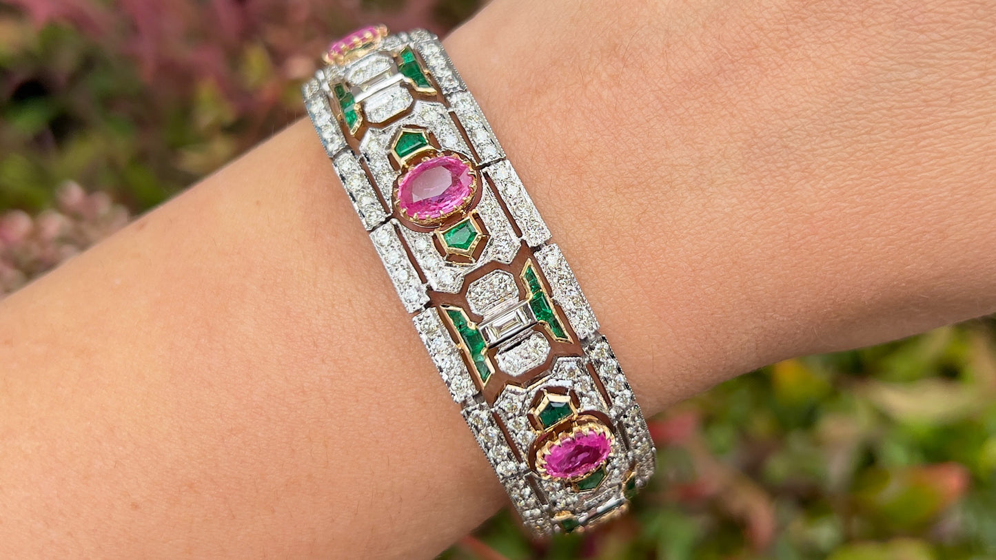 Art Deco Bracelet Set With Pink Sapphires Emeralds Diamonds 20 Carats Total