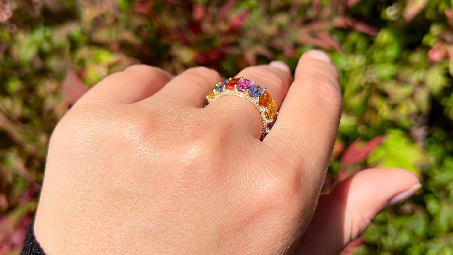 Multi Colored Sapphire Ring With Diamonds 12 Carats Total 18K Gold