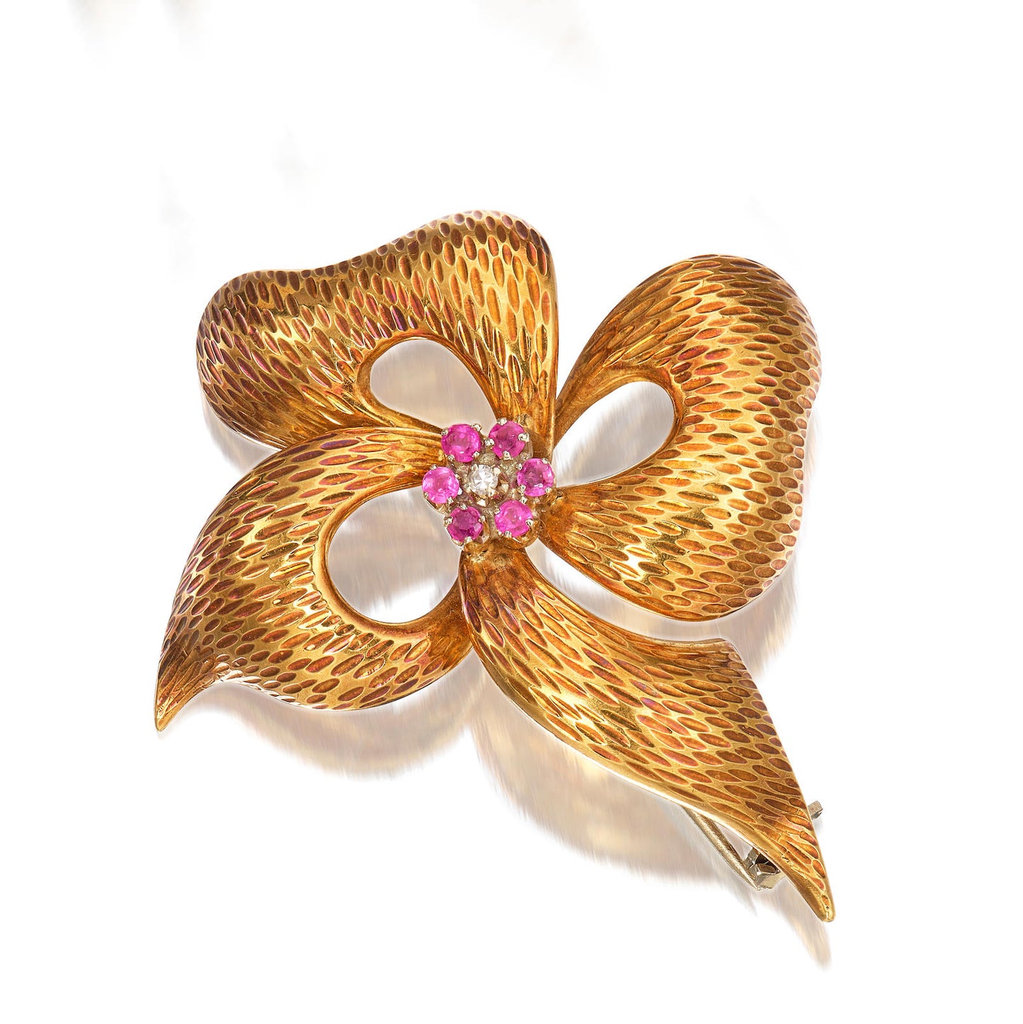 Ruby And Diamond Textured Gold Bow Brooch 18K Gold