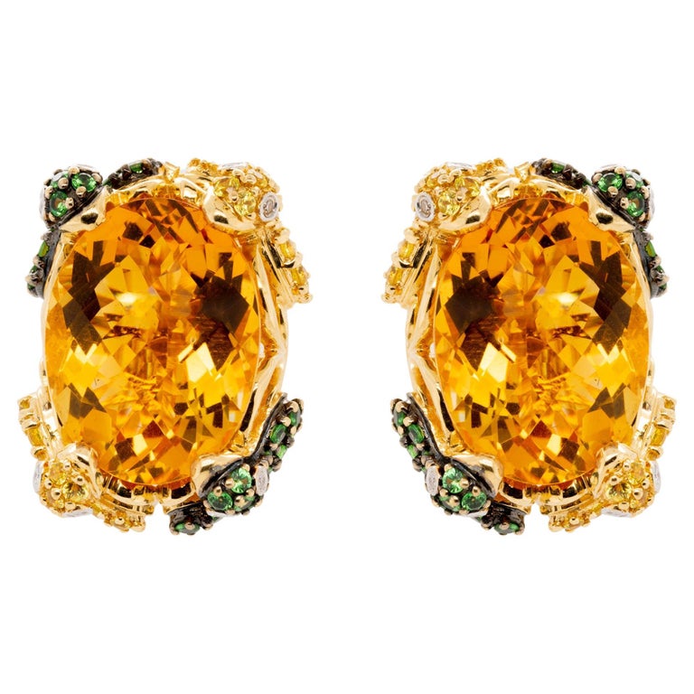 Citrine 48 Carats Total Earrings with Tsavorite , Sapphires and Diamonds 18K Gold