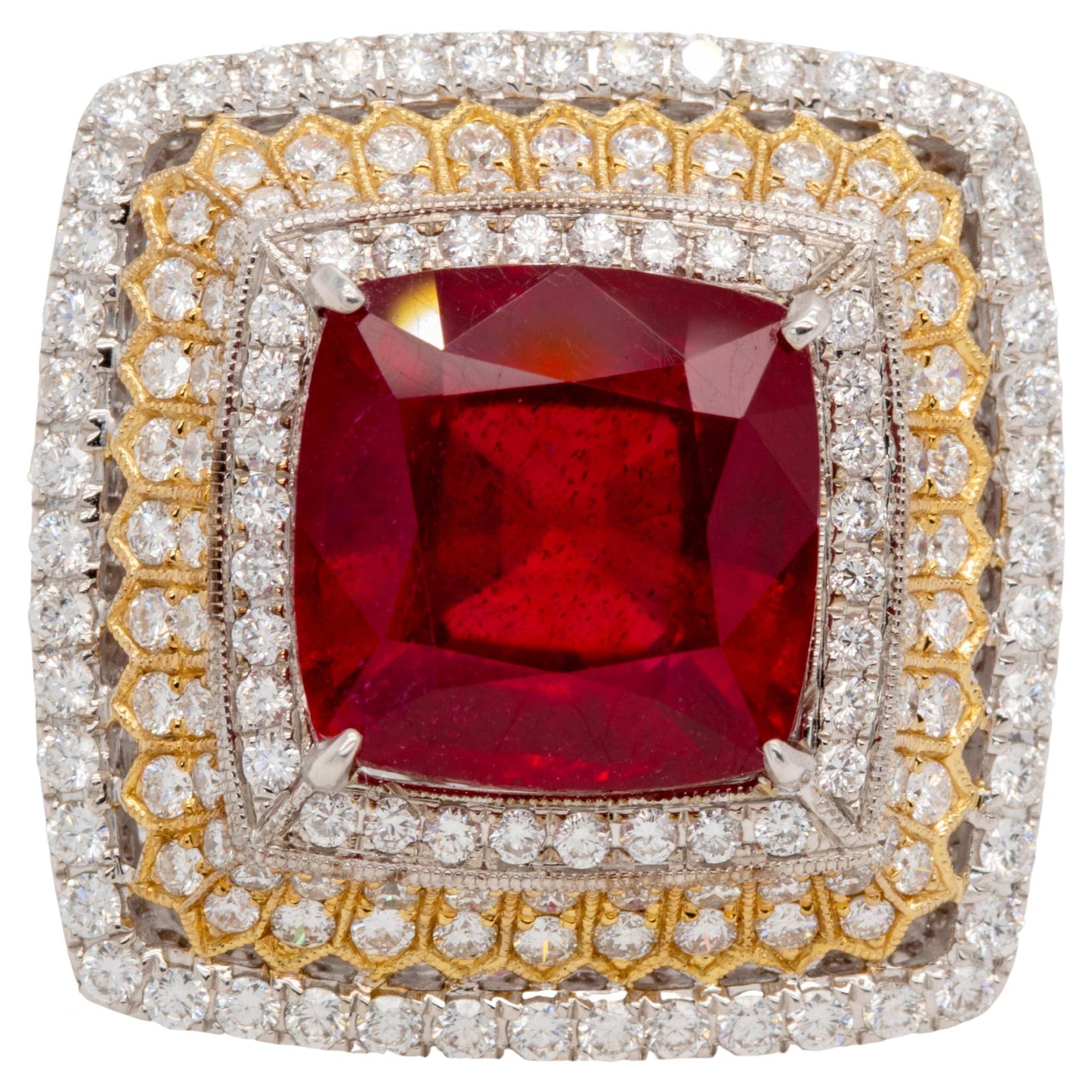 Fine Ruby Ring With Triple Diamond Halo 14 Carats Total 18K Gold