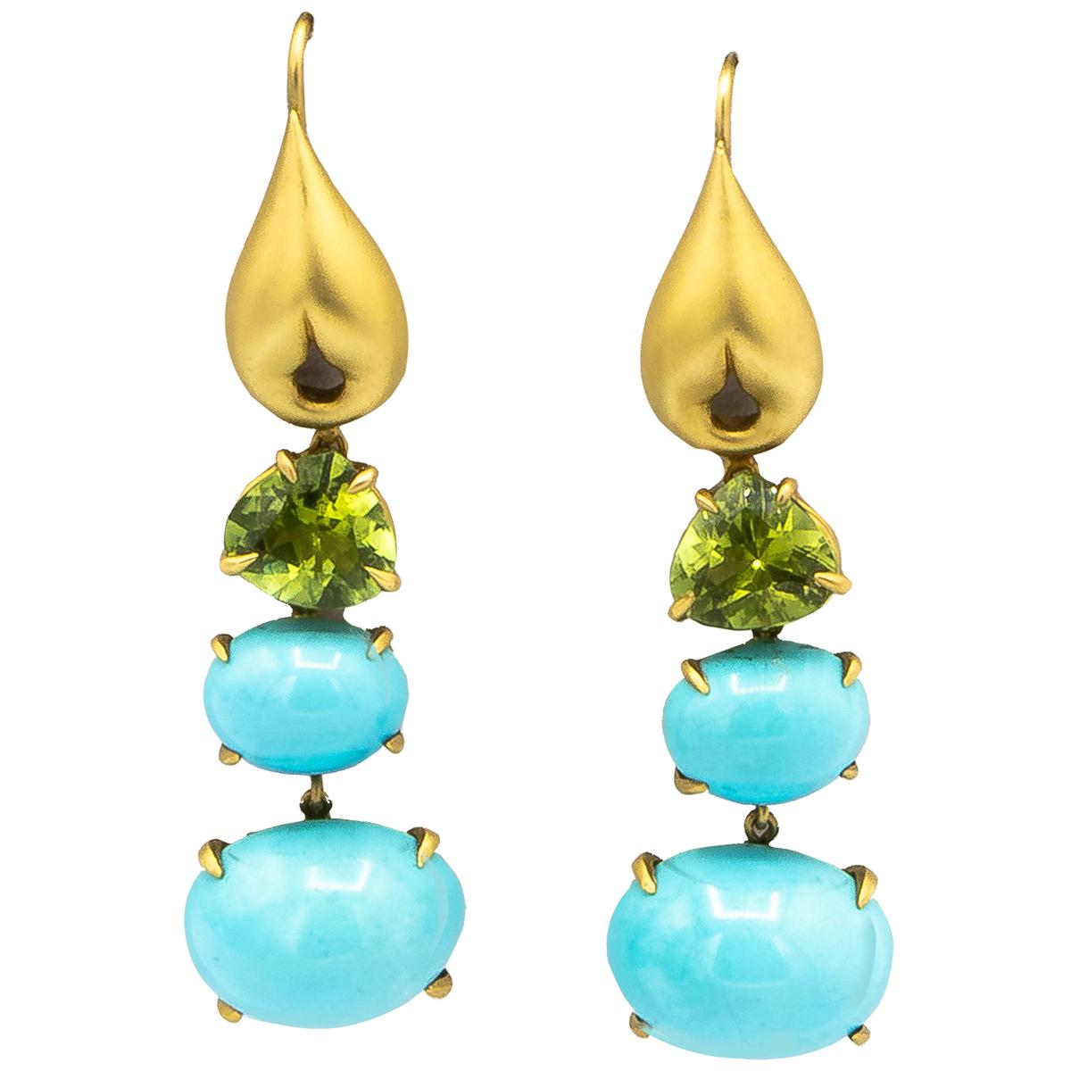 Donald Huber 6 Carat Persian Turquoise and Peridot Earrings 18 Karat Gold