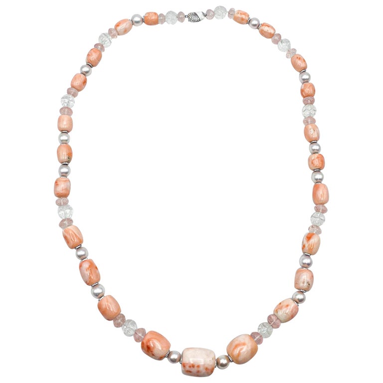 Fine Coral Rose Quartz Rock Quartz Fine Pearls Necklace