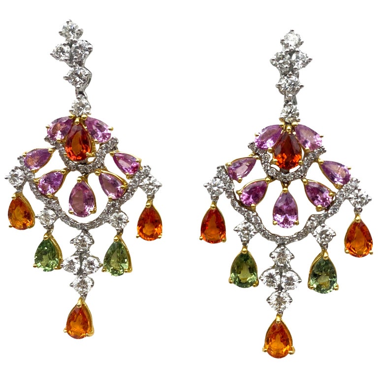 Multi-Color Sapphires Earrings 10.50 Carat with Diamonds 3 Carat F/VS 18K Gold