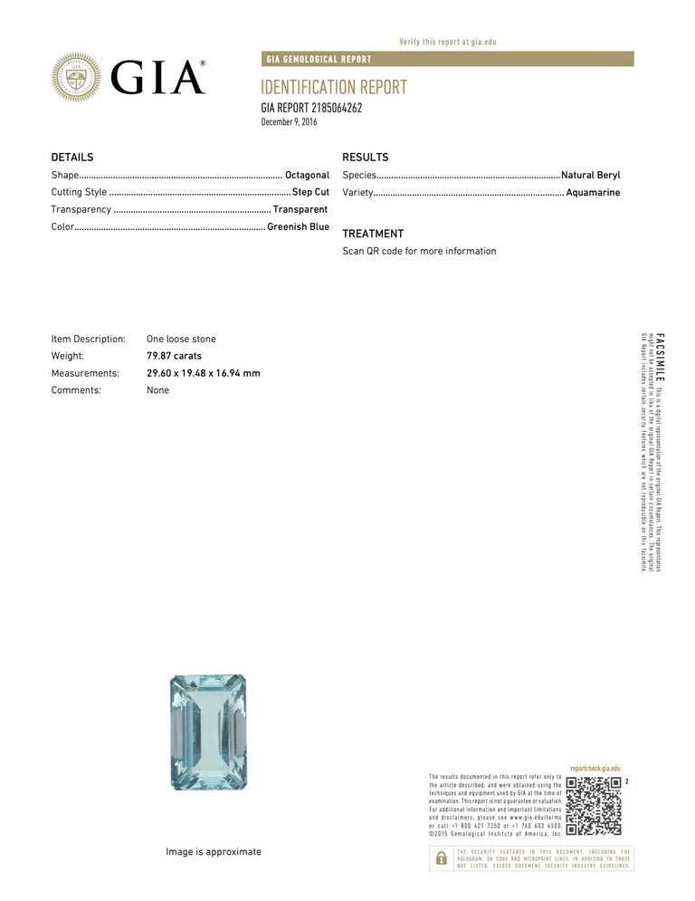 Gia Certified 79.87 Carat Natural Aquamarine Pendant 18K Gold