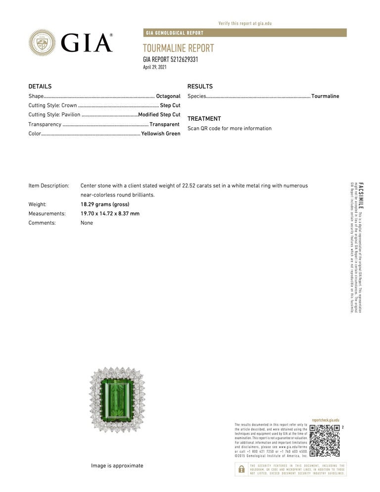 GIA Certified 22.52 Carat Tourmaline Ring with 2.25 Carats of Diamonds 18K Gold