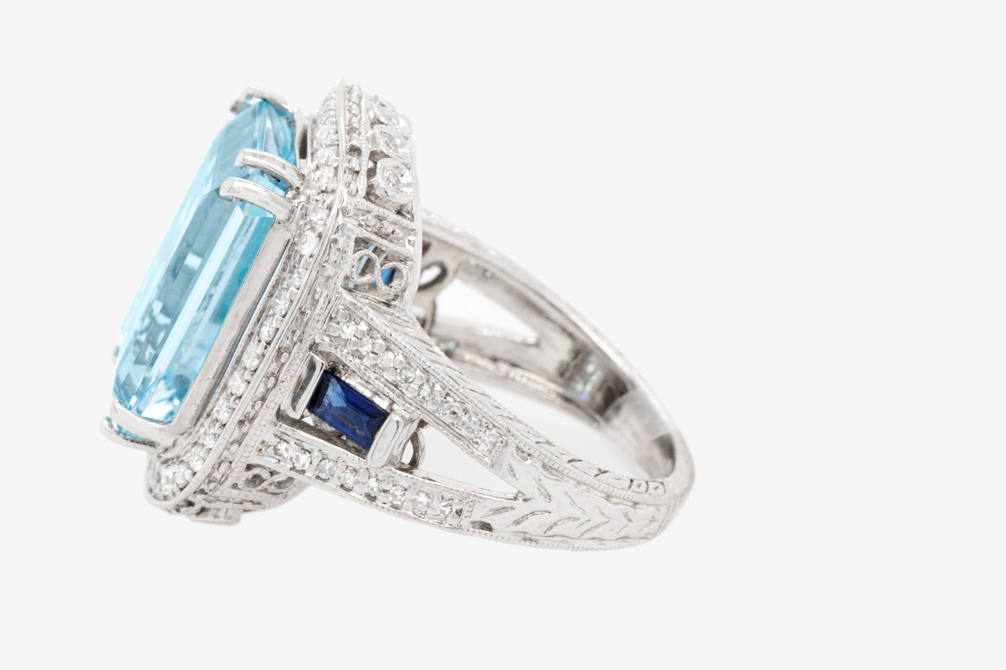 Aquamarine Ring 18 Carat With Diamonds and Sapphires 18K Gold