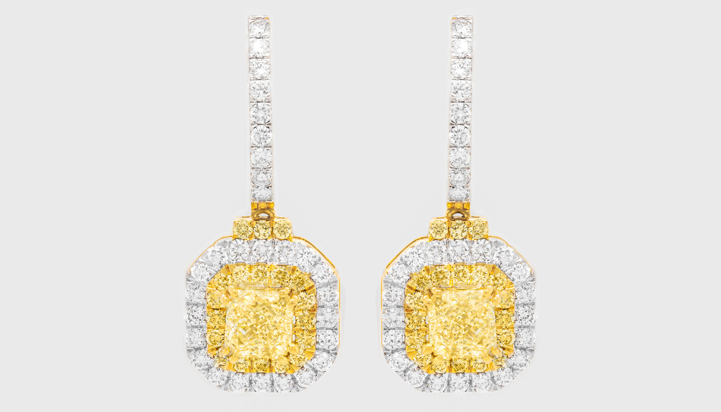 Canary Diamond Earrings With Double Halo 18K Gold