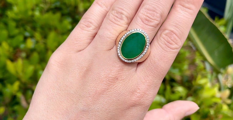Jade Ring with Diamond Halo 1.60 Carats Total 14K Gold