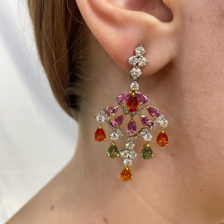 Multi-Color Sapphires Earrings 10.50 Carat with Diamonds 3 Carat F/VS 18K Gold