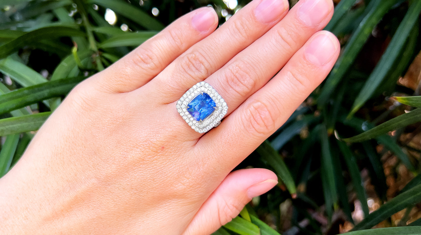 Ceylon Sapphire 5.50 Carat Ring With Double Diamond Halo 1.30 Carats Total 18K Gold