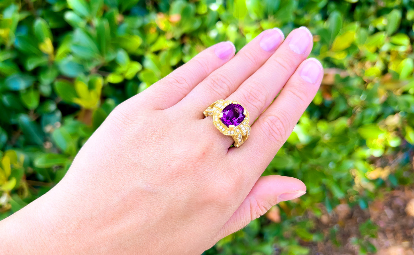 Amethyst 6 Carat Ring With Diamonds 1.50 Carats Total 14K Gold
