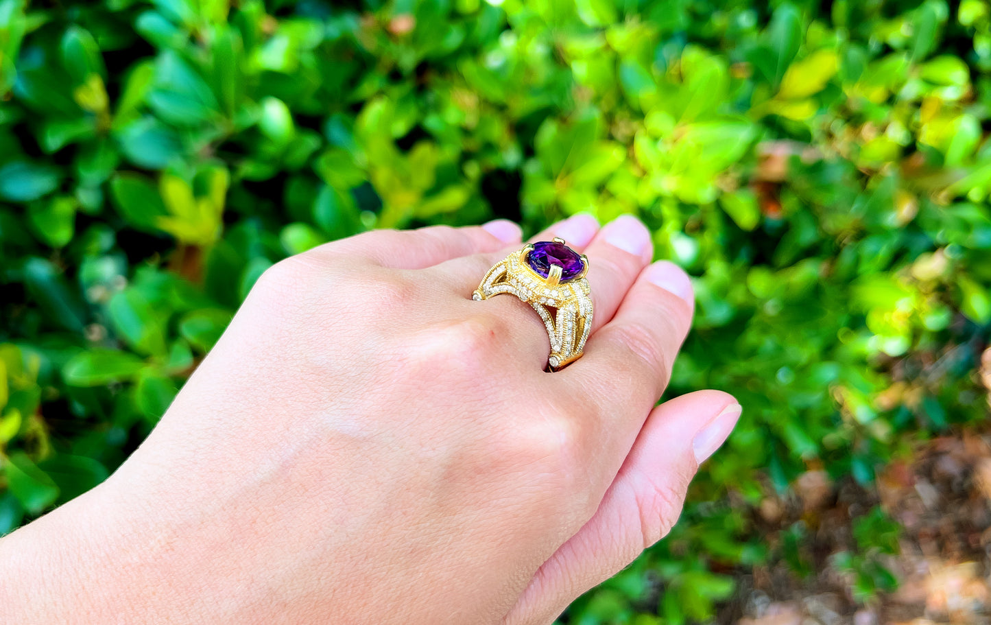 Amethyst 6 Carat Ring With Diamonds 1.50 Carats Total 14K Gold