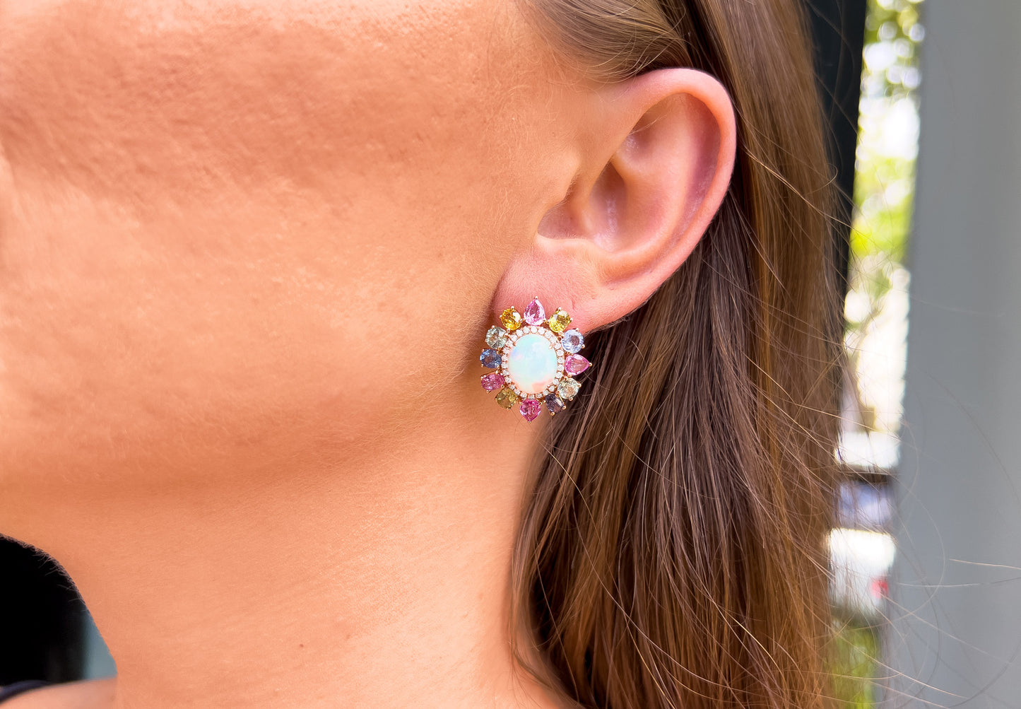 Opal Earrings With Colored Stones and White Diamond Halo 18K Gold
