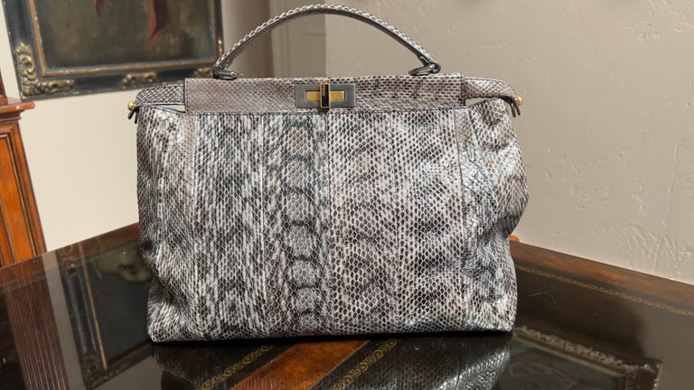 Fendi Iconic Peekaboo Stone Gray Leather Skin Tote Handbag