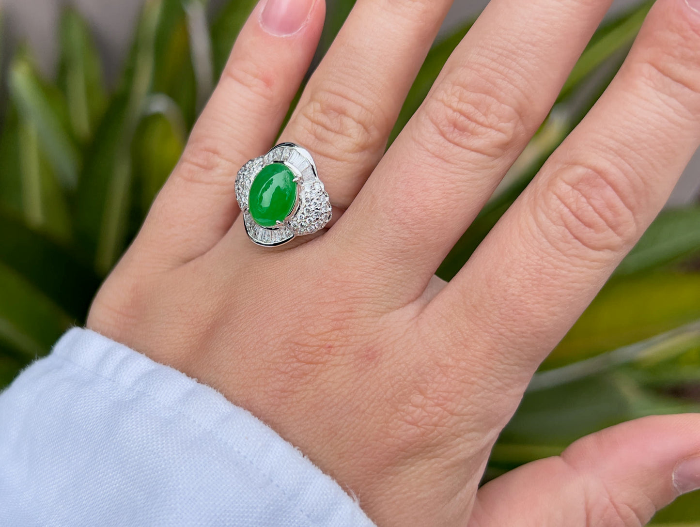 Imperial Jade Ring With Diamonds 1.20 Carats Total 18K Gold