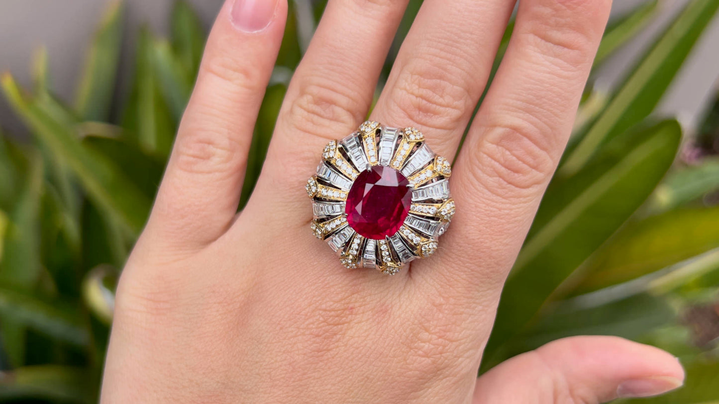 Fine Ruby 8.98 Carat Ring With Diamonds 18K Gold