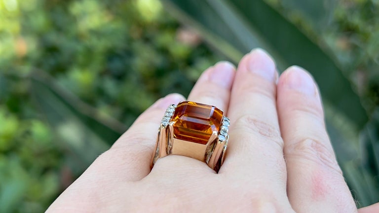Citrine 12 Carat Ring with Diamonds 0.30 Carats Total 14k Gold