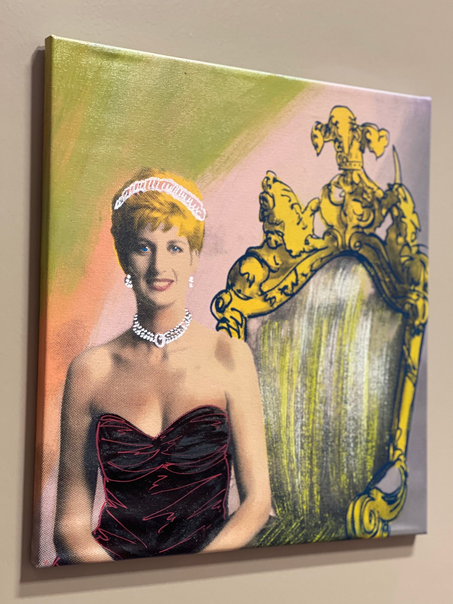 Original Signed Steve Kaufman Multi Media on Canvas Painting of Princess Diana w/ Crown #32/50