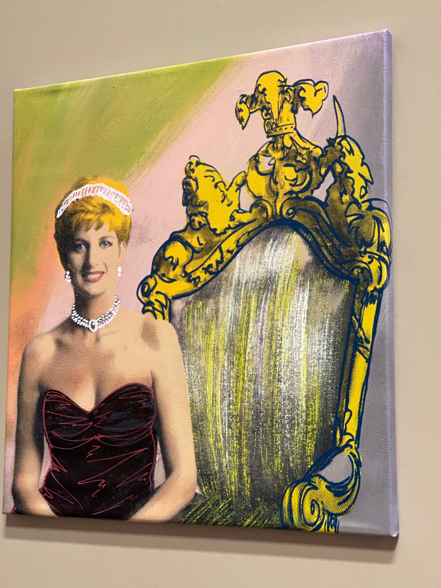 Original Signed Steve Kaufman Multi Media on Canvas Painting of Princess Diana w/ Crown #32/50