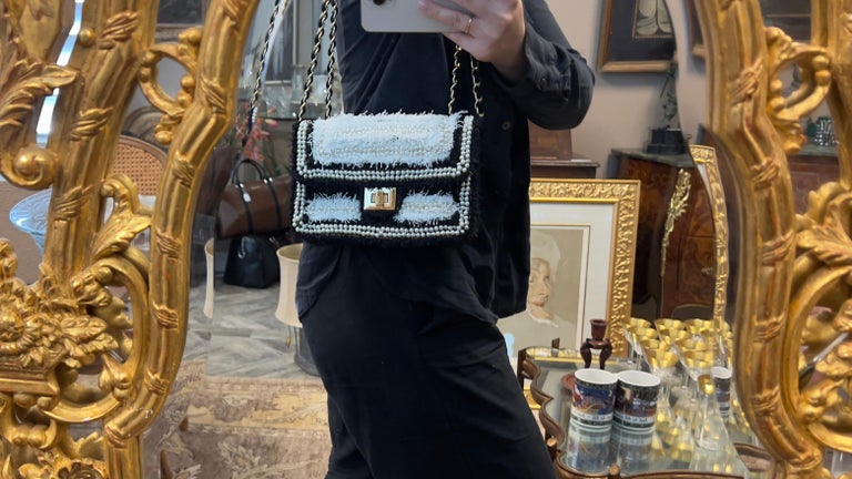 Black & White Faux Pearl Woven Crossbody Bag