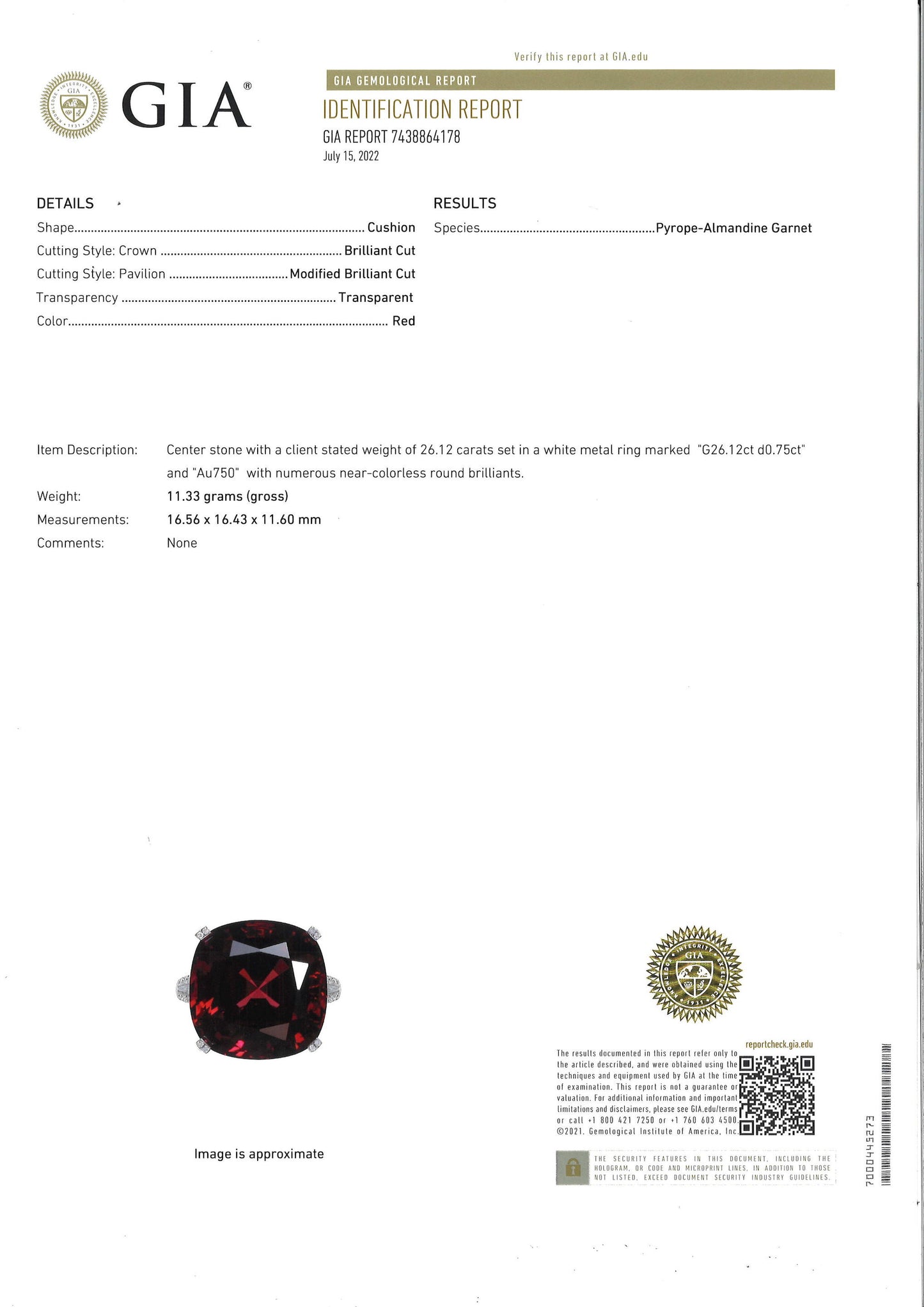 GIA Certified Pyrope-AlmandIne Garnet 26.12 Carat Ring With Diamonds 18K Gold