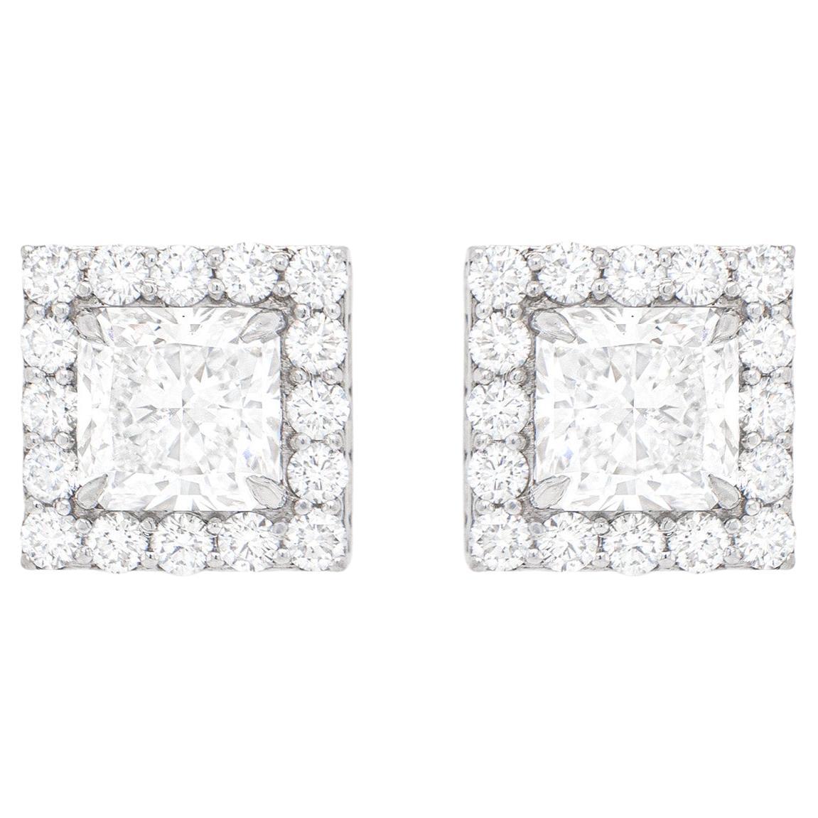 Princess Cut Diamond Stud Earrings 3+ Carat Each With Diamond Halo 18K Gold
