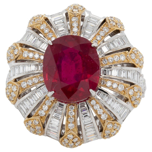 Fine Ruby 8.98 Carat Ring With Diamonds 18K Gold